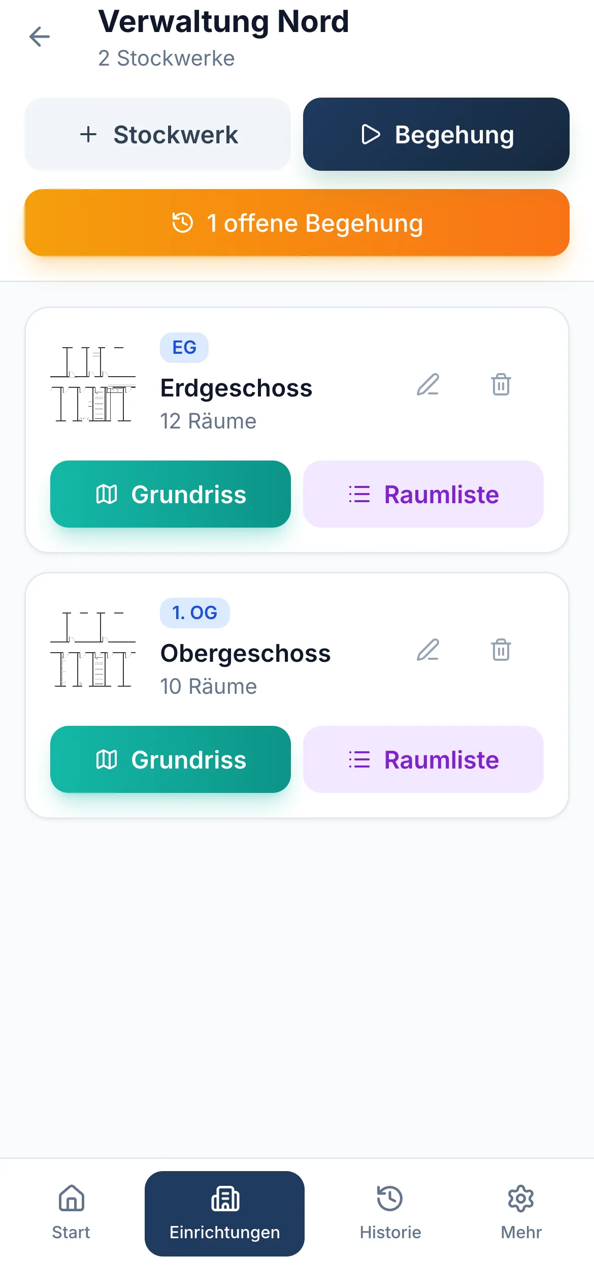 Jedes Gebäude ist in Stockwerke gegliedert. Eine laufende Begehung lässt sich hier fortsetzen.