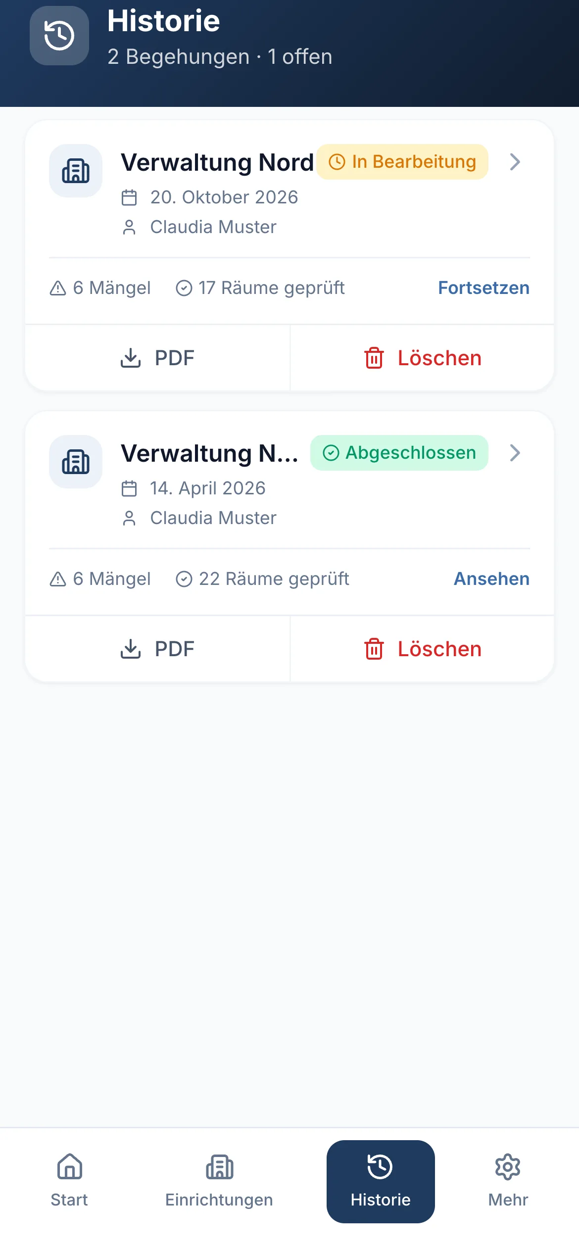 Die Historie zeigt alle Begehungen eines Gebäudes mit Stand, Mängeln und PDF.